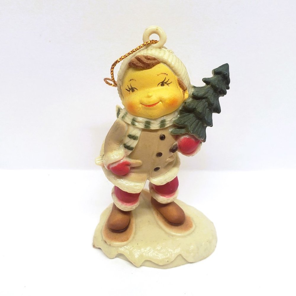 Vintage Hard Plastic Christmas Ornament Child with Tree Red Cheeks Hong Kong